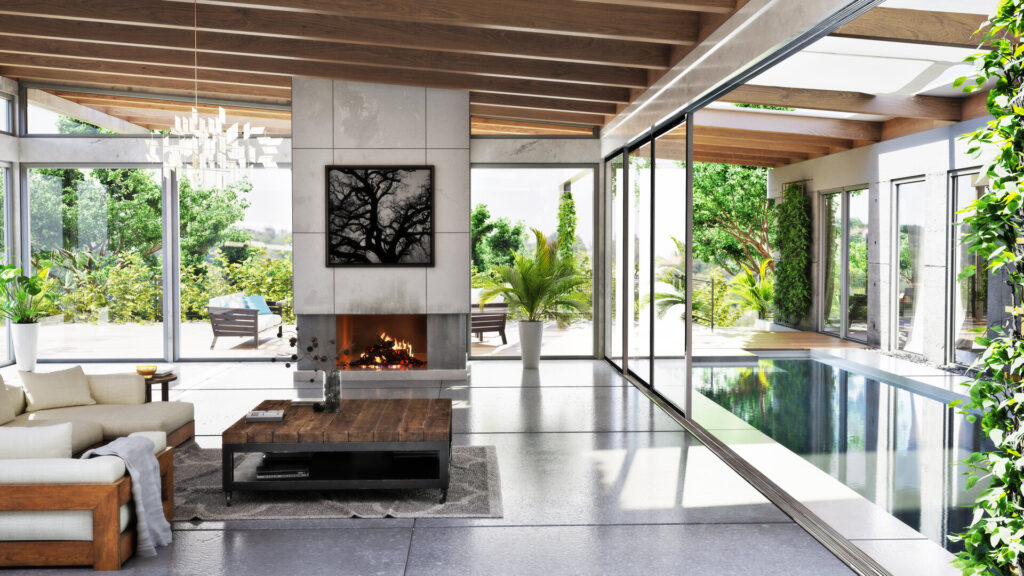 Moderne Wohnung mit Boden und Kaminverkleidung aus Naturstein